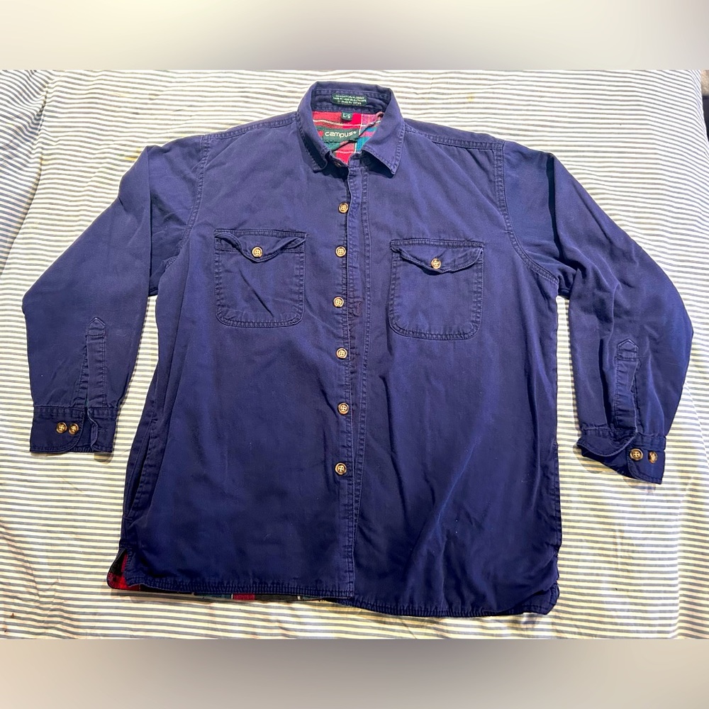 Vintage 80s Campus Plaid Flannel Lined Mens Blue Chore Coat Shirt Jacket Size L